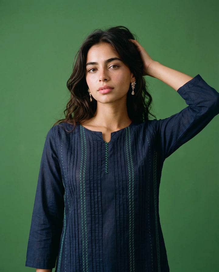 Navy Embroidered Cotton Straight cut Long Kurta