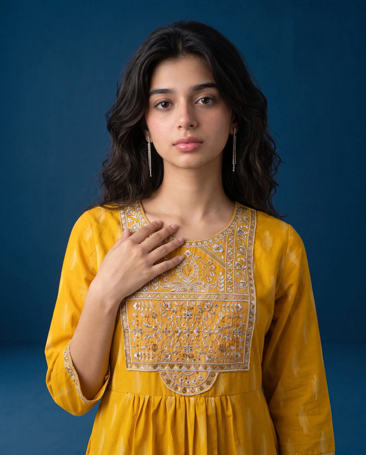 Yellow Embroidered Cotton Straight cut Long Kurta