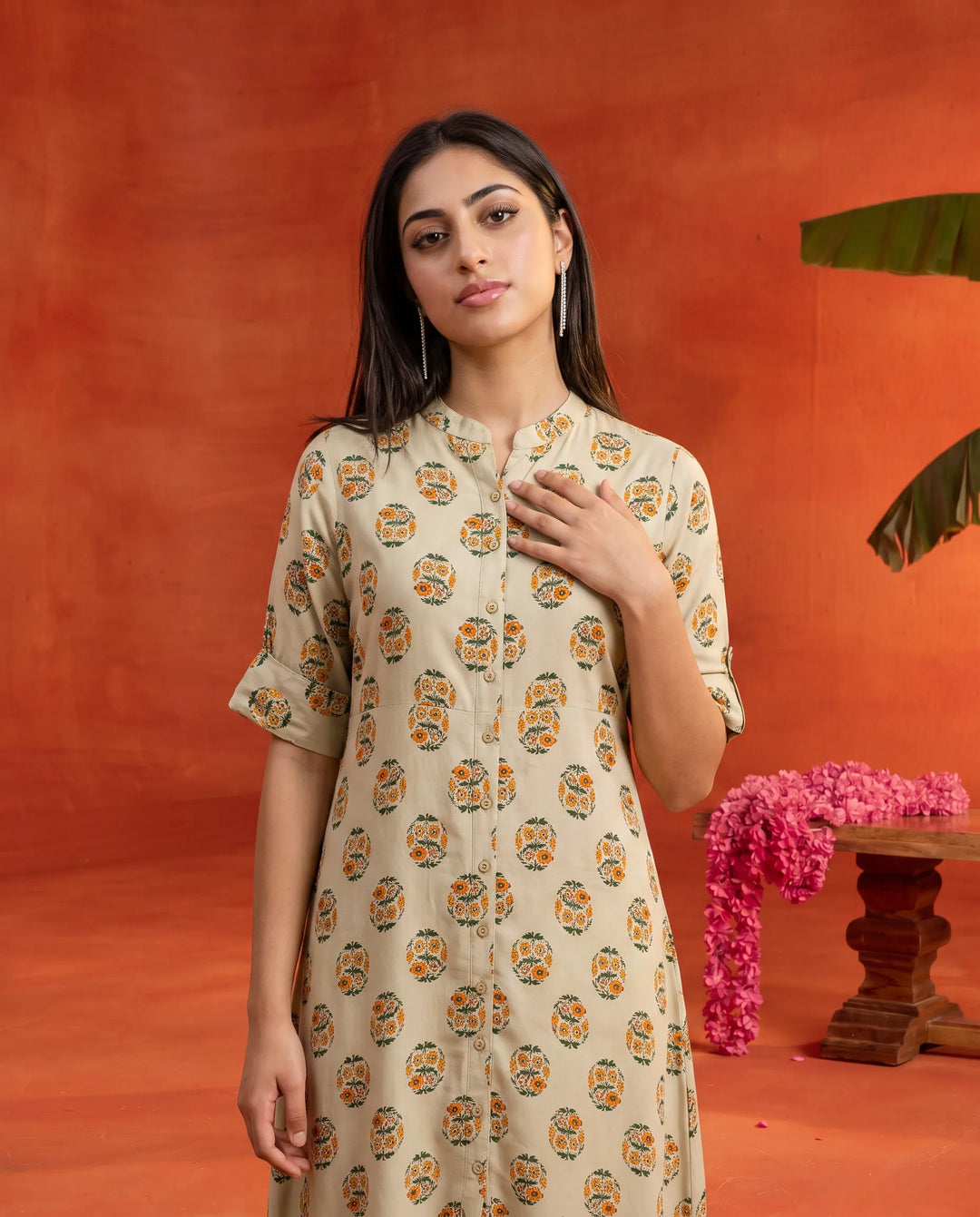 Beige Printed Rayon Maxi Dress