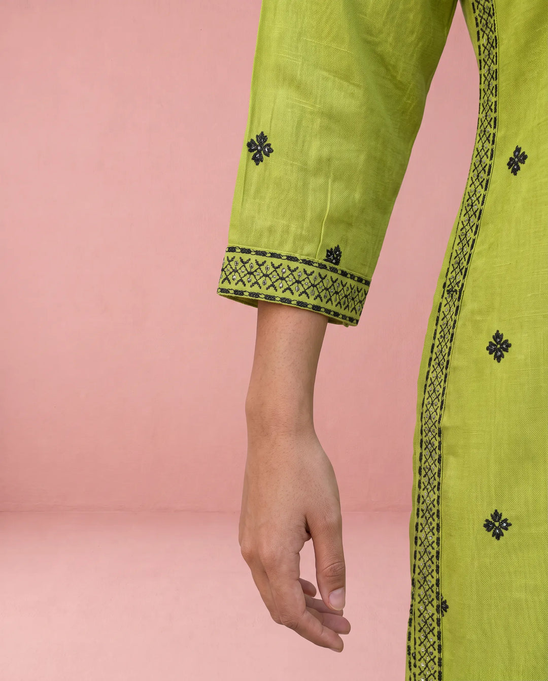 Green Embroidered Viscose Blended 3/4 Sleeves Straight Cut Long Kurta