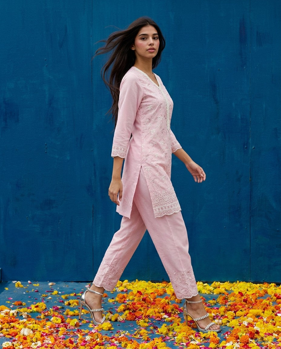 Pink Embriodered Cotton Satin Co-Ord Set