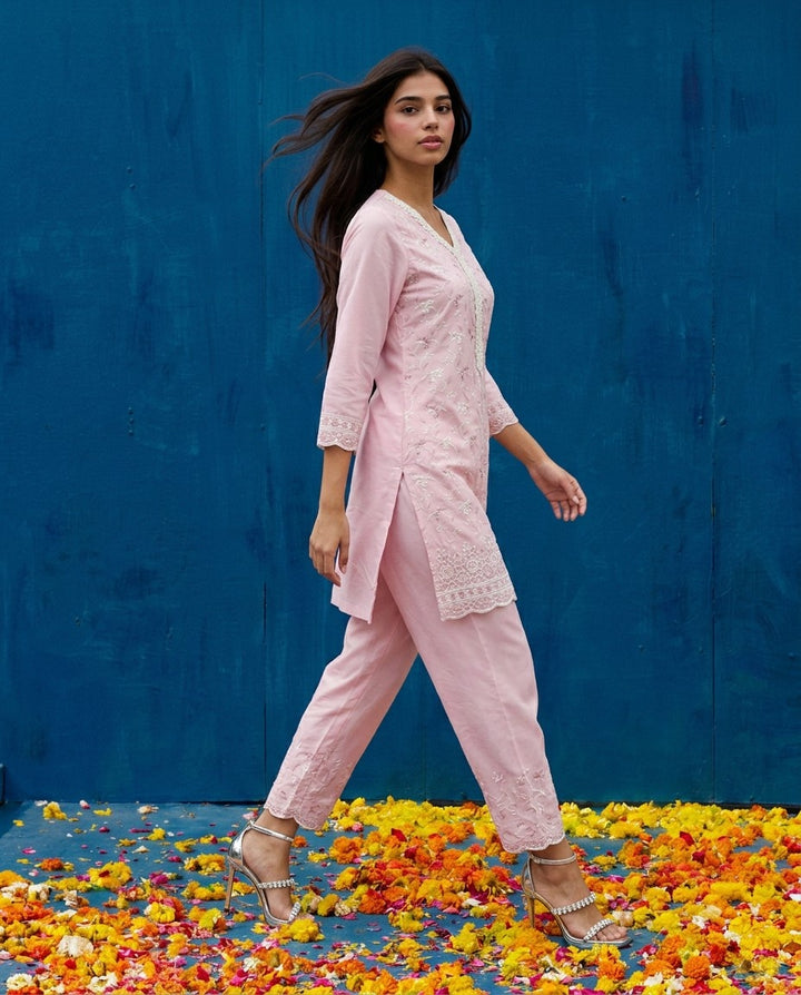 Pink Embriodered Cotton Satin Co-Ord Set