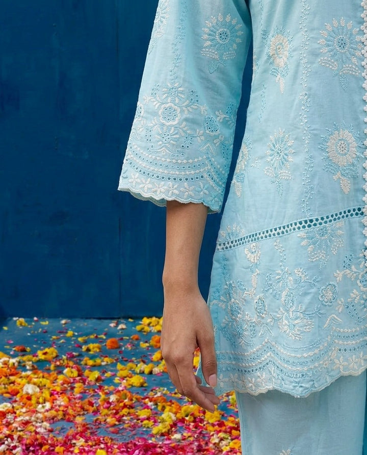 Sky Blue Embroidered Cotton Satin Co-Ord Set