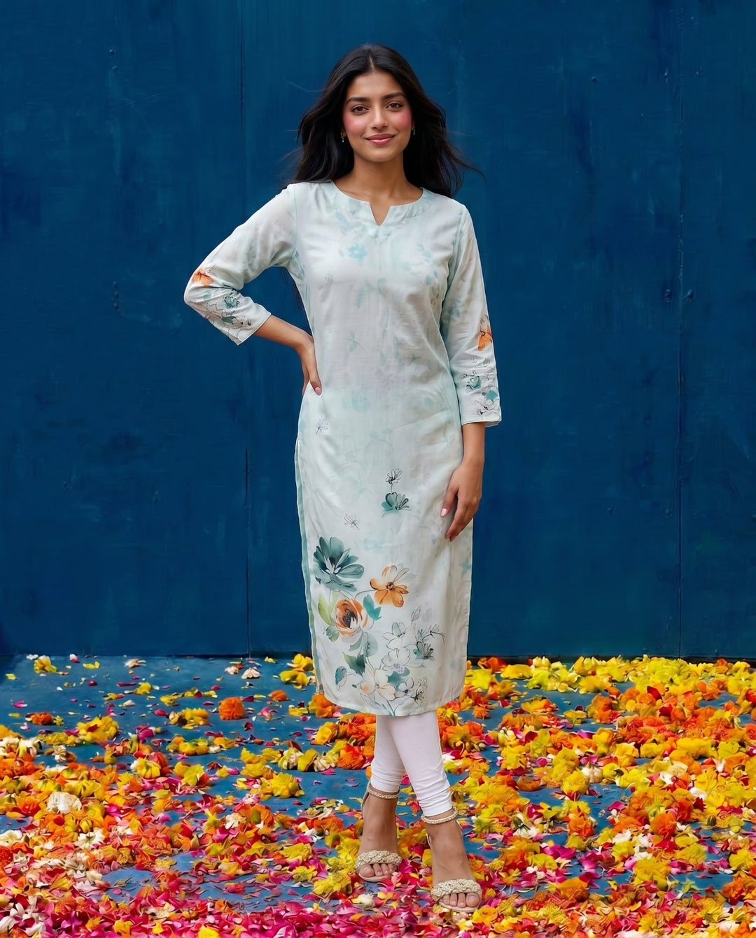 Blue Printed Crepe Silk Straight cut Long Kurta