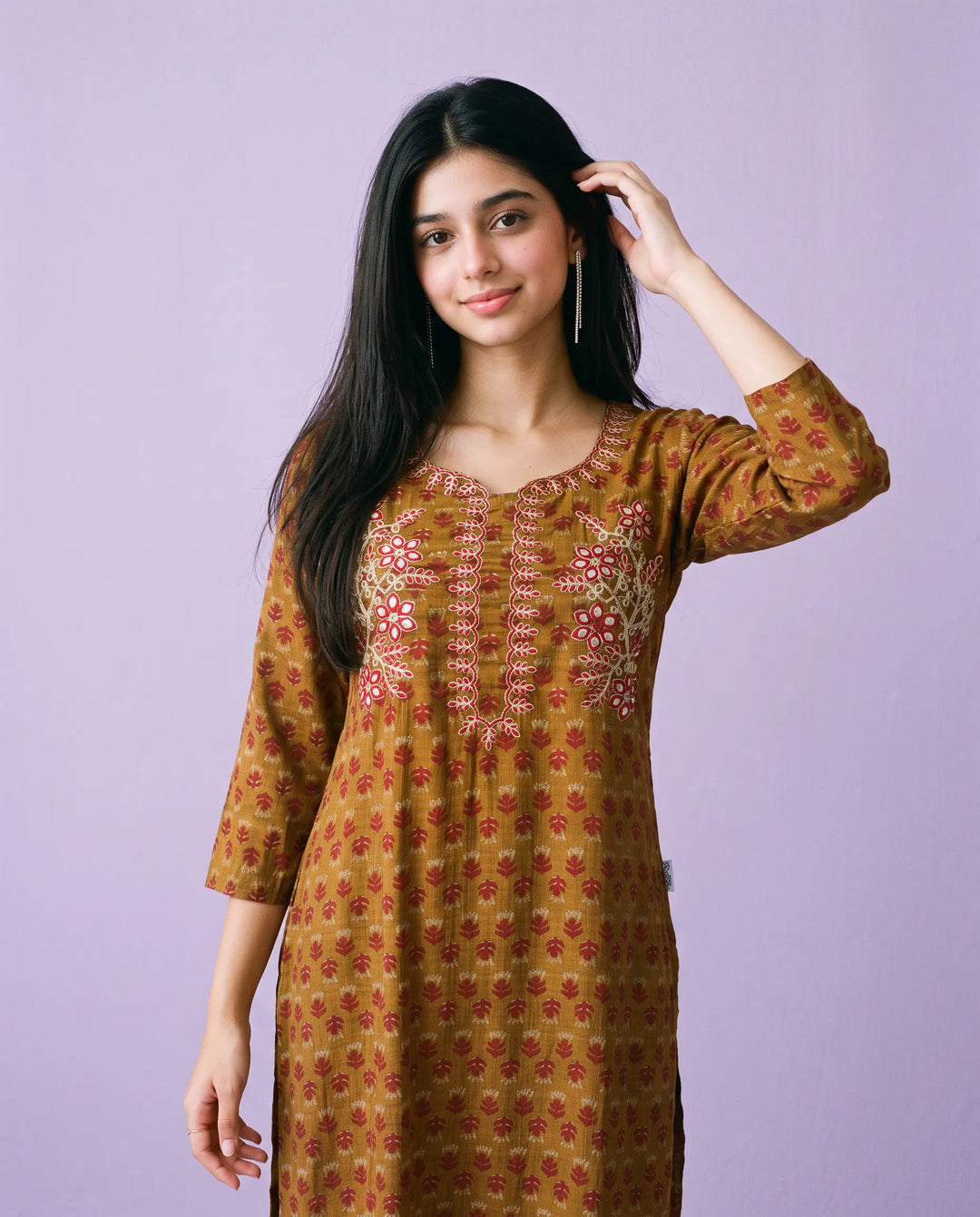 Brown Embroidered Viscose Blended Straight cut Long Kurta