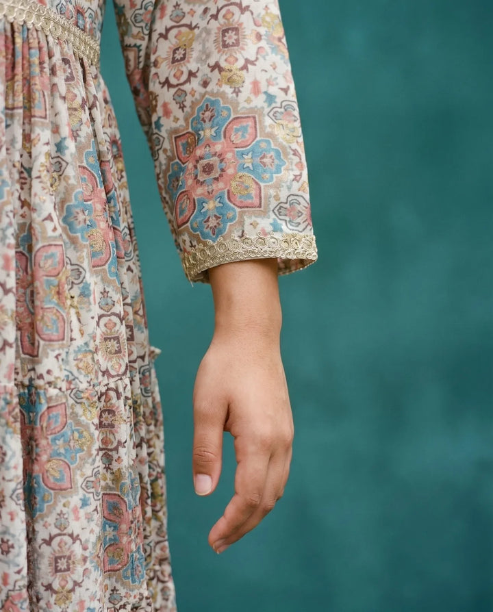 Multi Colour Printed Silk Blended Maxi Dress