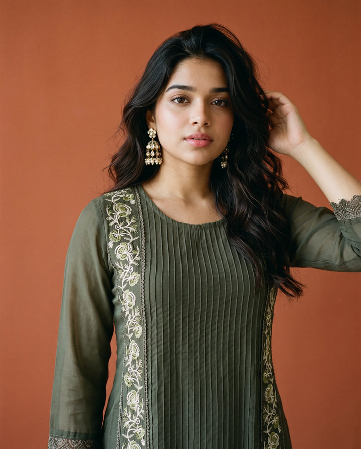 Olive Embroidered Georgette Straight cut Long Kurta