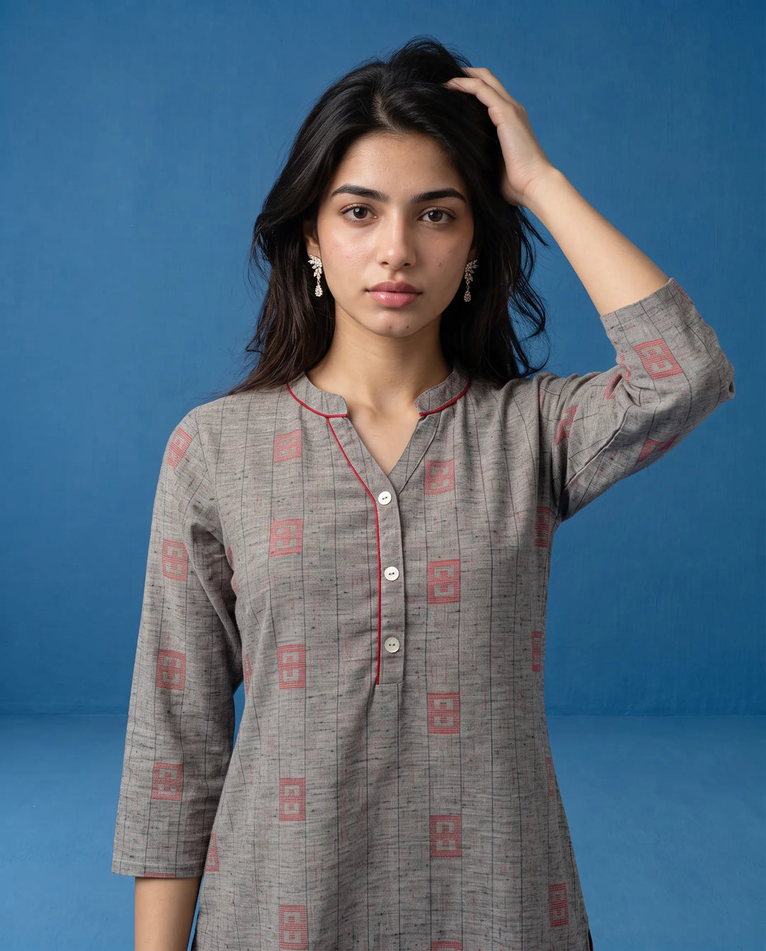Grey Printed Cotton Straight cut Long Kurta