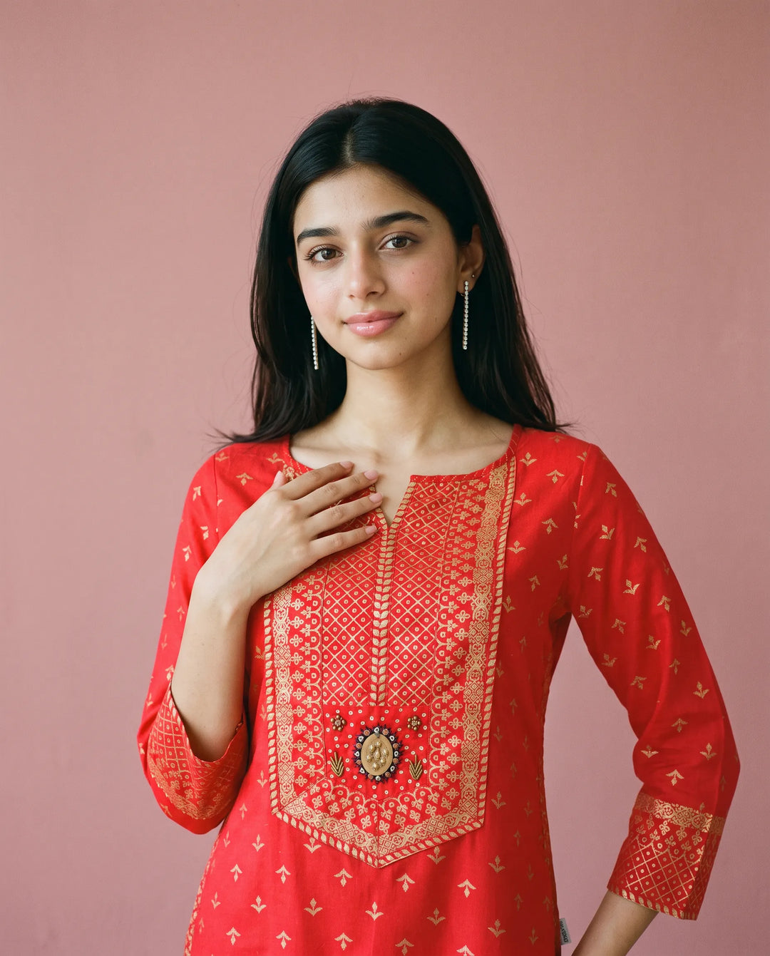 Red Printed Cotton Straight cut Long Kurta