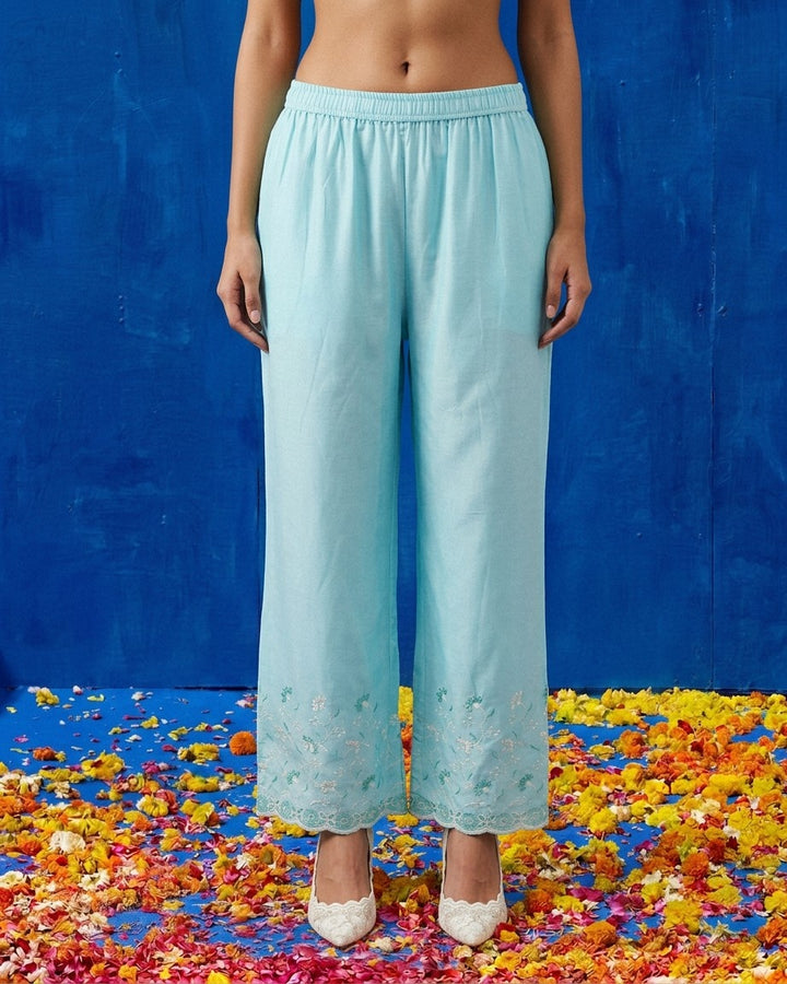 Sky Blue Embriodered Cotton Satin Co-Ord Set