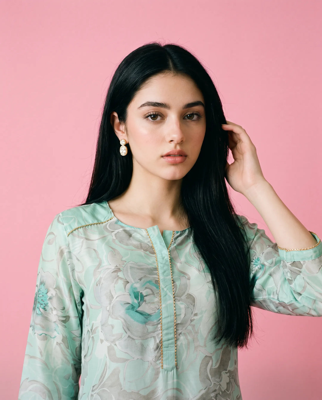 Turquoise Printed Crepe Silk Short Kurti