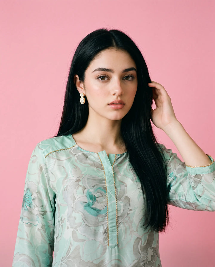 Turquoise Printed Crepe Silk Short Kurti