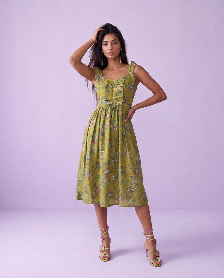 Green Printed Cotton Blended Midi Dress