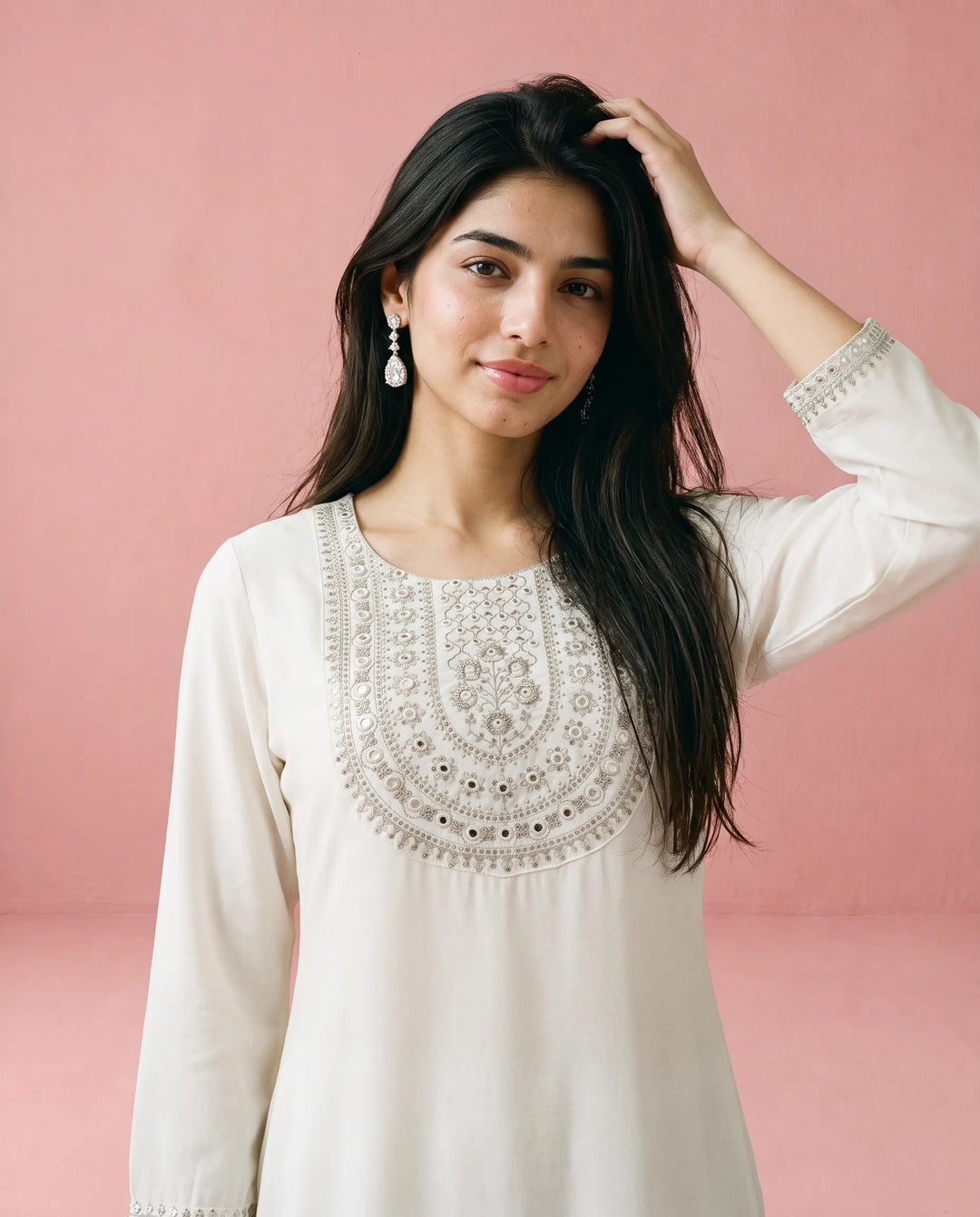 White Embroidered Rayon Straight cut Long Kurta