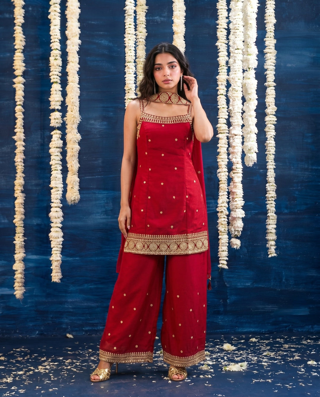 Red Embriodered Silk Blended Spaghetti Strap Kurta Bottom Dupatta Set