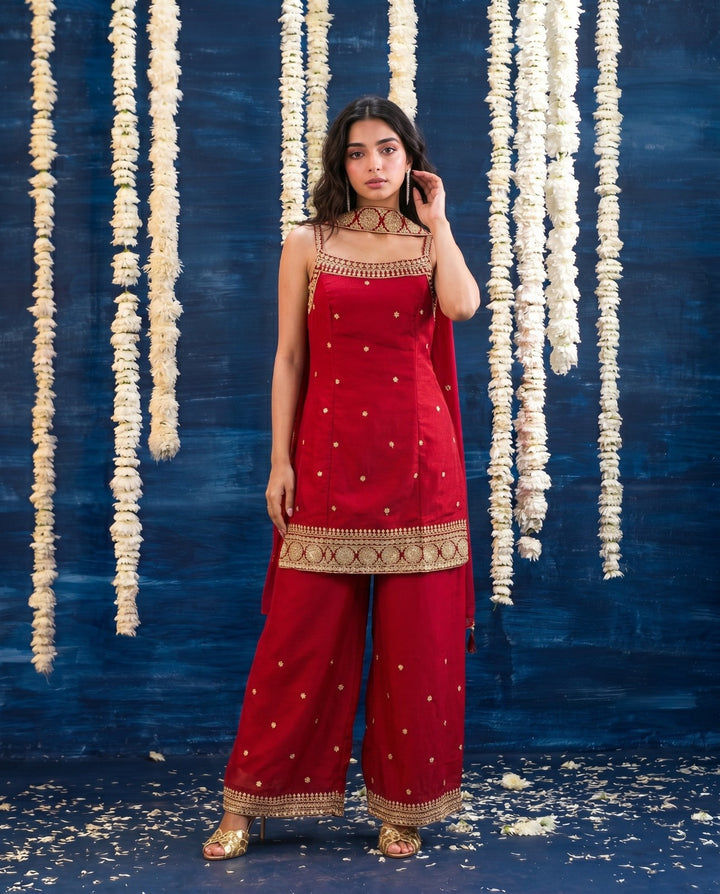 Red Embriodered Silk Blended Spaghetti Strap Kurta Bottom Dupatta Set