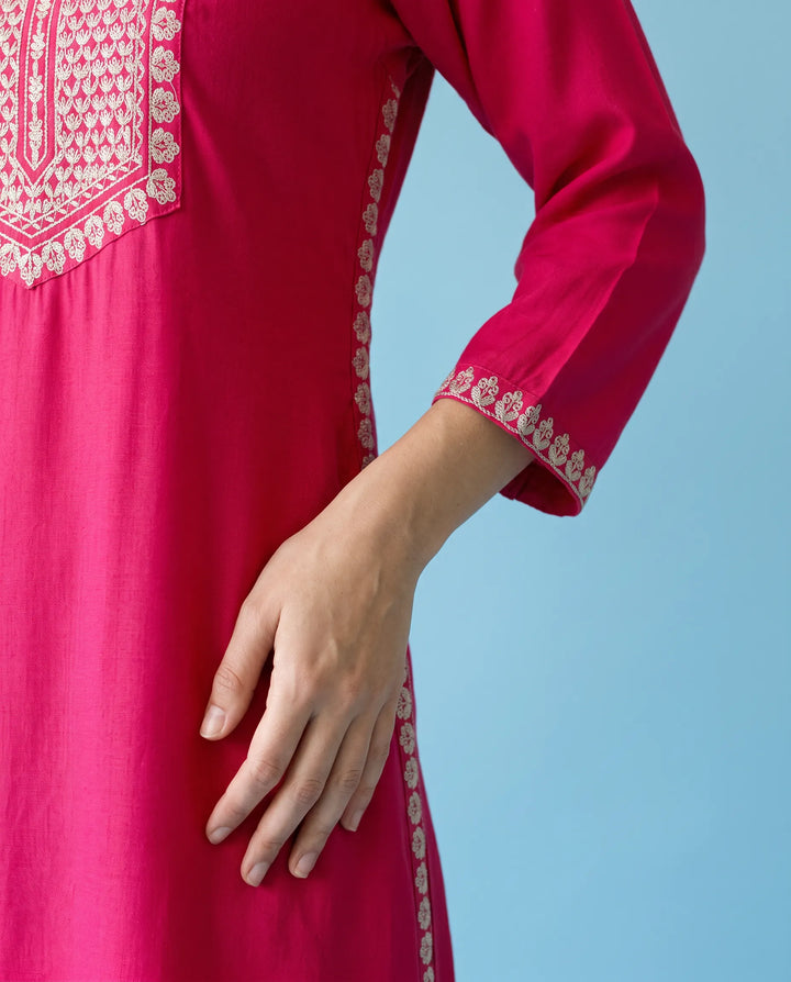 Pink Embroidered Rayon Straight cut Long Kurta