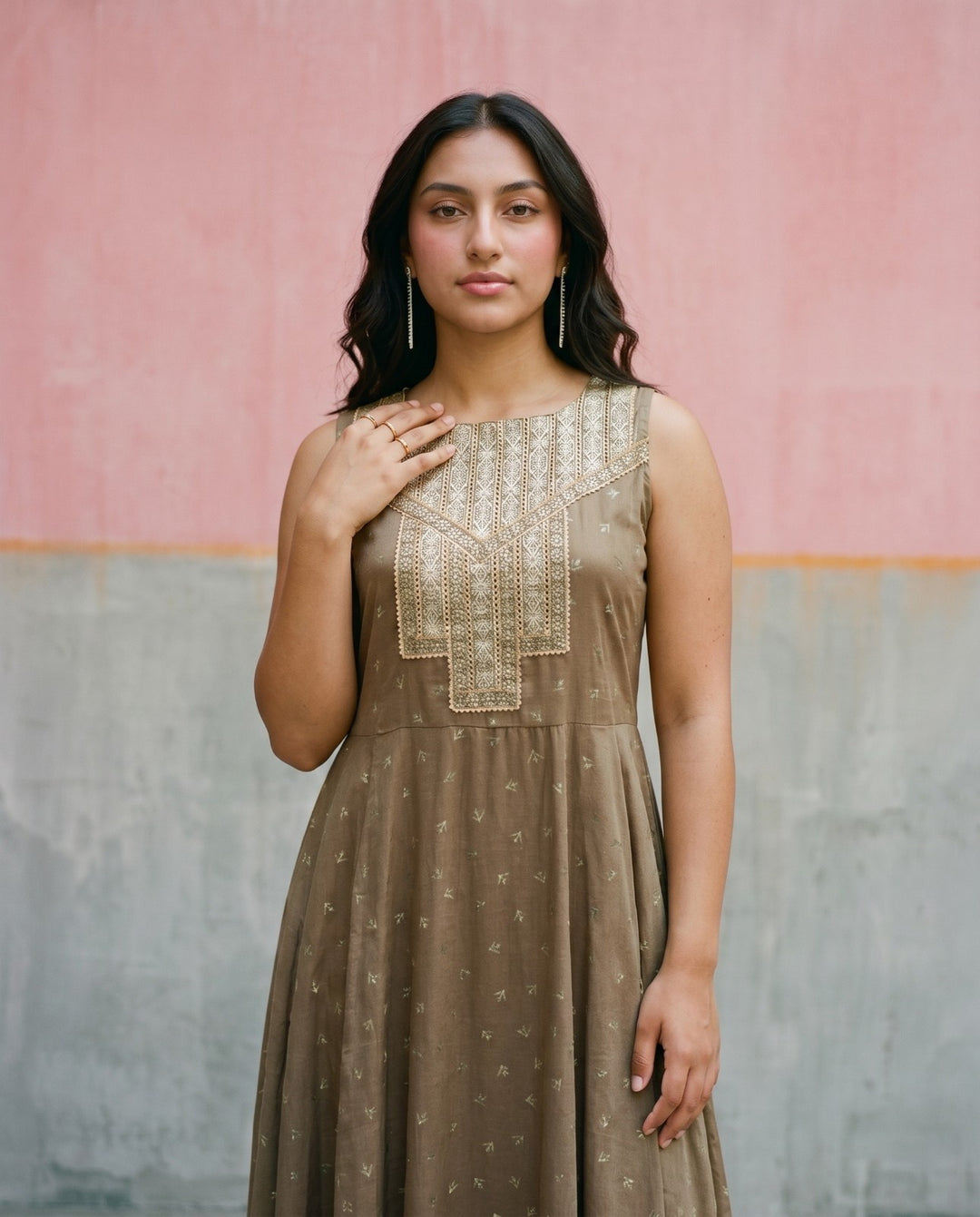 Brown Printed Viscose Blended Sleeveless Maxi Dress