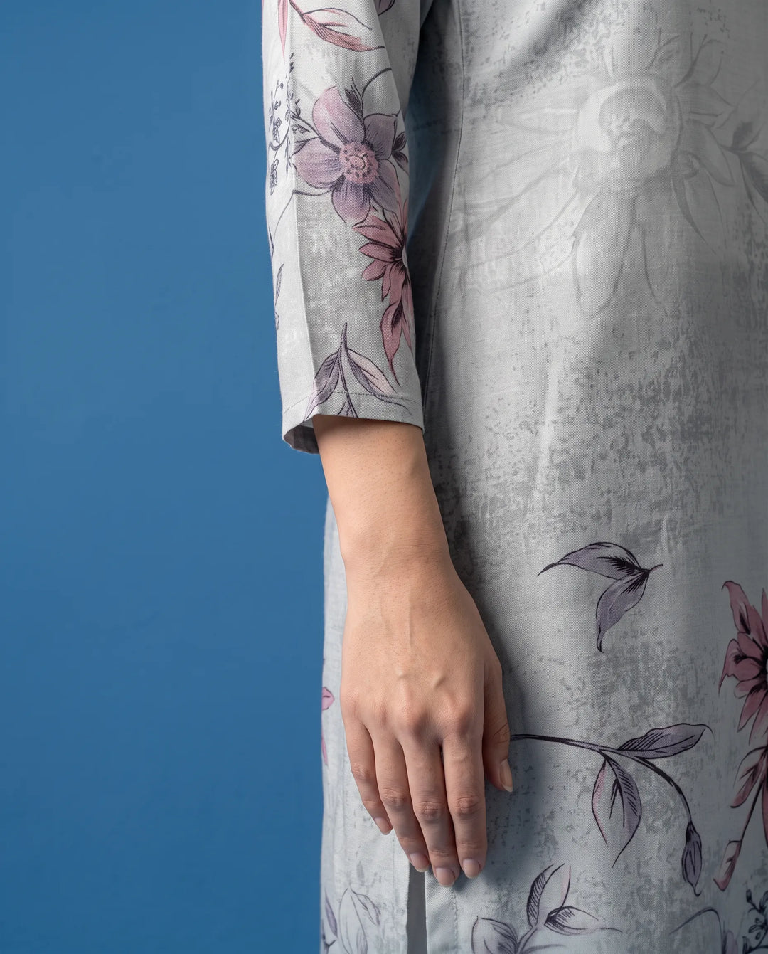 Grey Printed Crepe Silk Straight cut Long Kurta