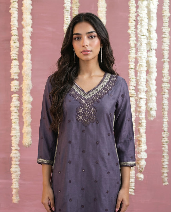 Purple Embroidered Viscose Blended Straight cut Long Kurta