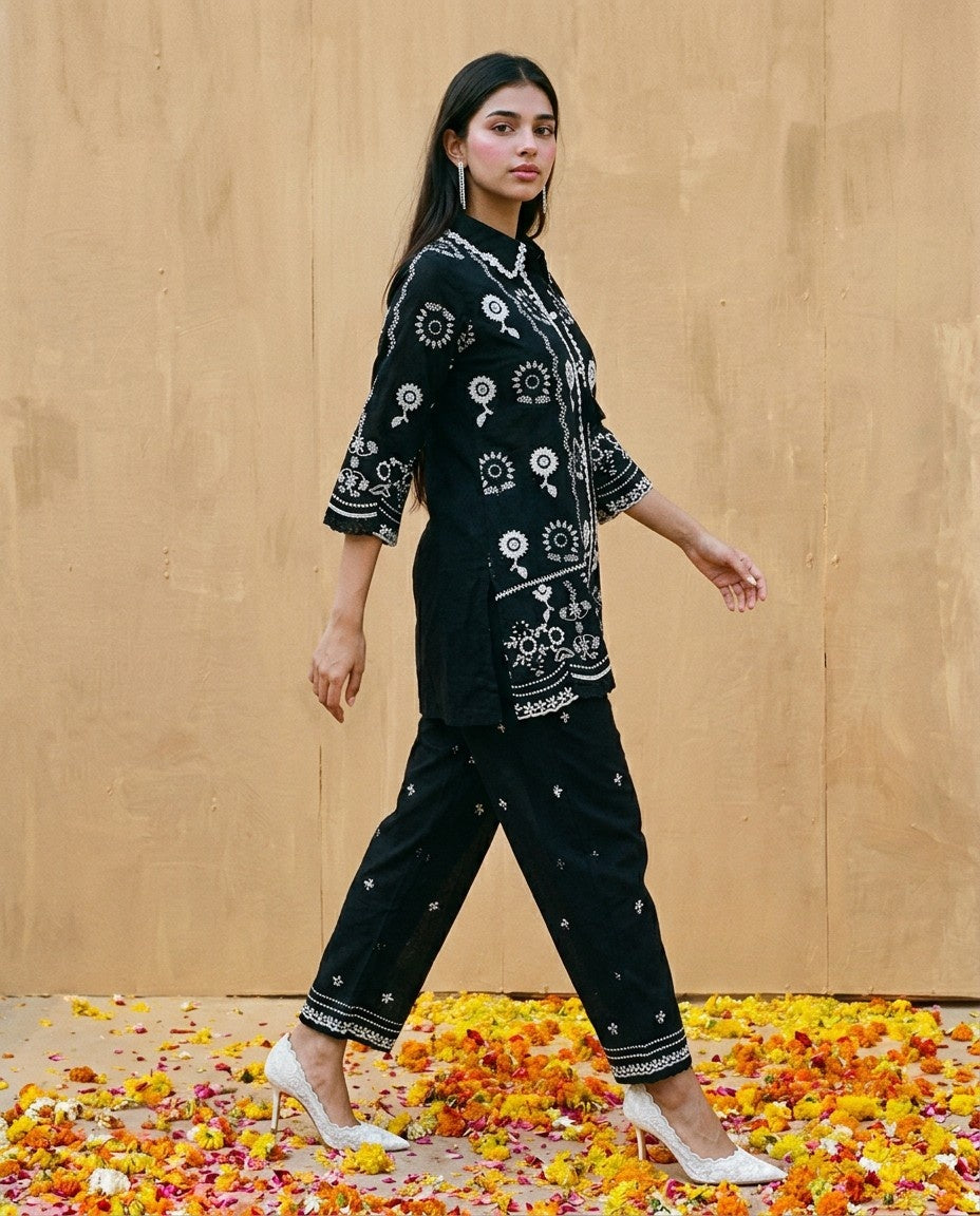 Black Embroidered Cotton Satin Co-Ord Set