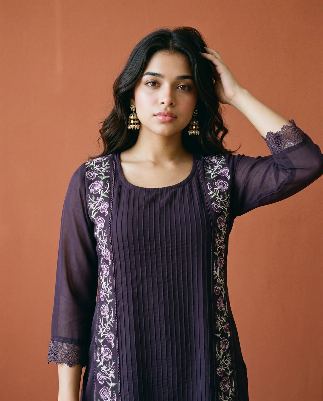 Purple Embroidered Georgette Straight cut Long Kurta