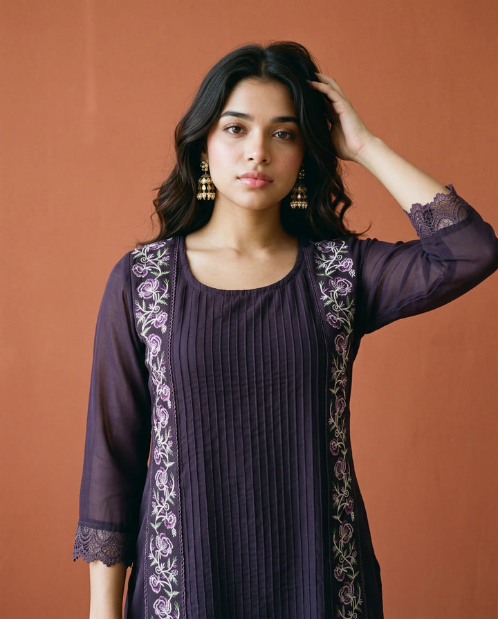 Purple Embroidered Georgette Straight cut Long Kurta