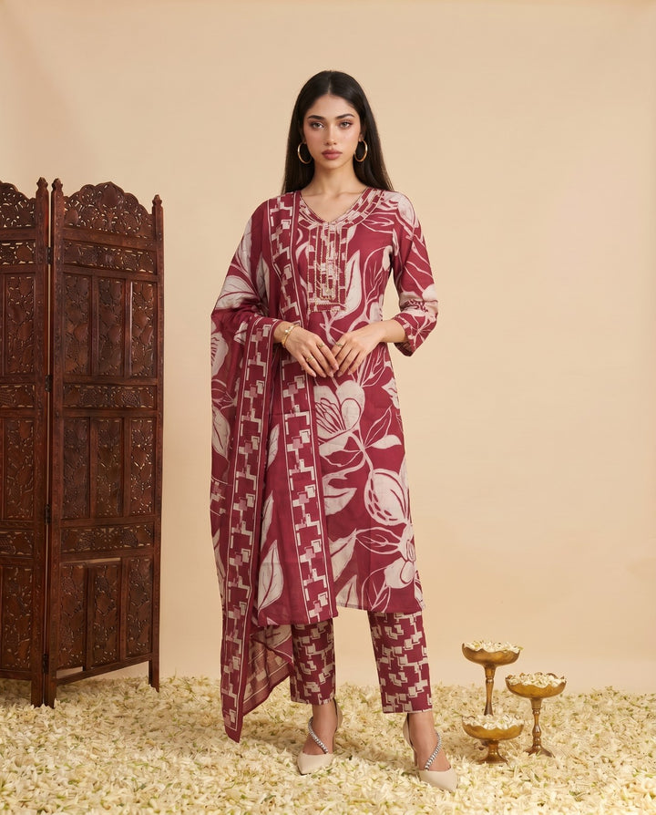 Magenta Printed Chanderi Kurta Bottom Dupatta Set