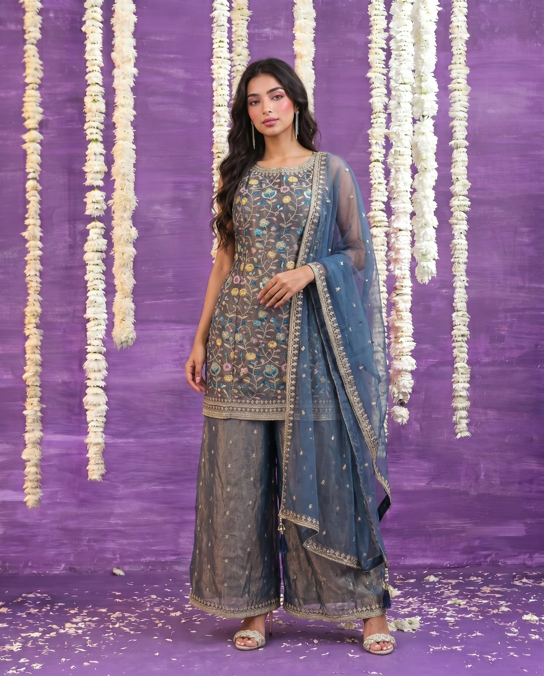 Grey Embriodered Silk Blended Spaghetti Strap Kurta Bottom Dupatta Set