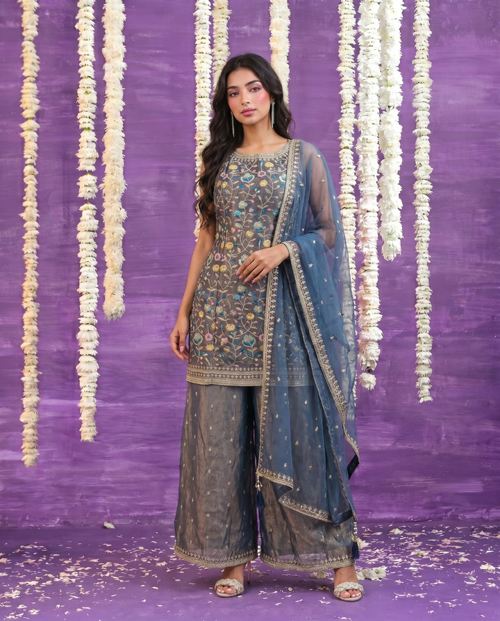 Grey Embriodered Silk Blended Spaghetti Strap Kurta Bottom Dupatta Set