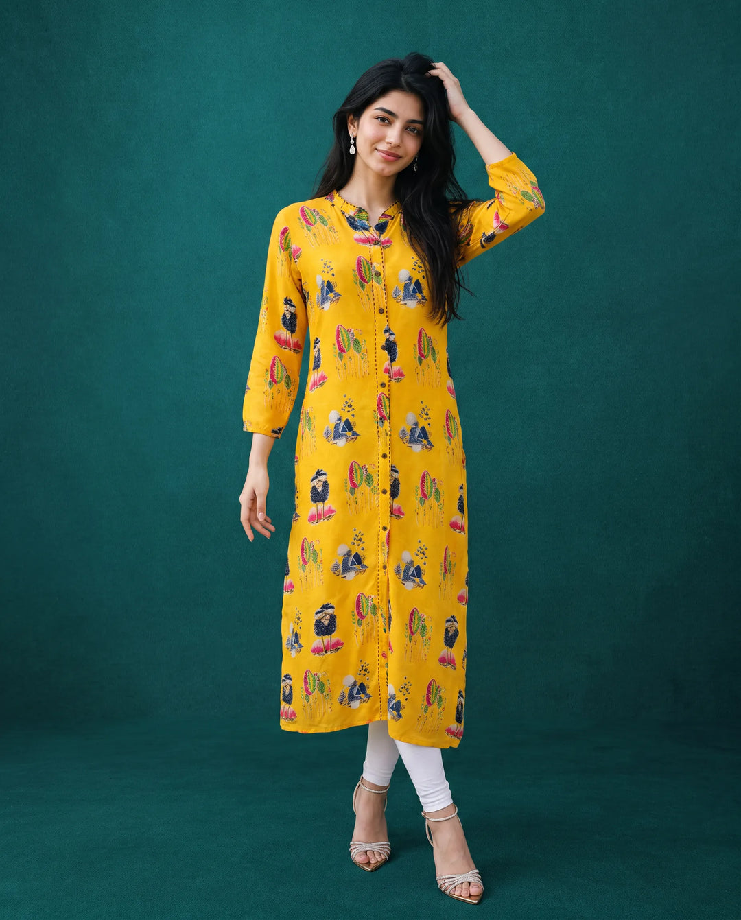 Yellow Printed Rayon Straight cut Long Kurta