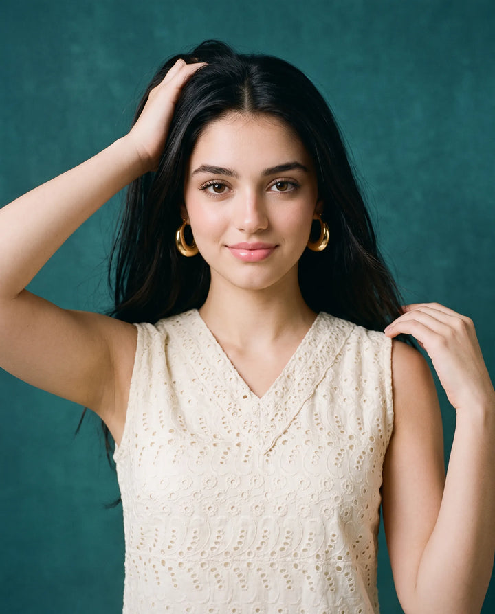 Cream Embroidered Cotton Midi Dress