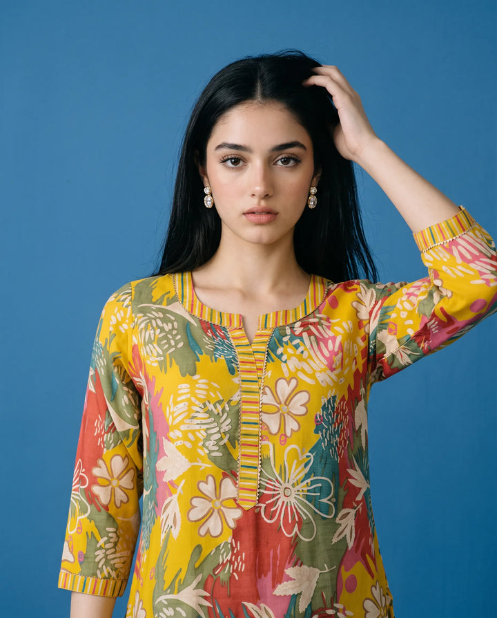Yellow Printed Viscose Blended Short Kurti