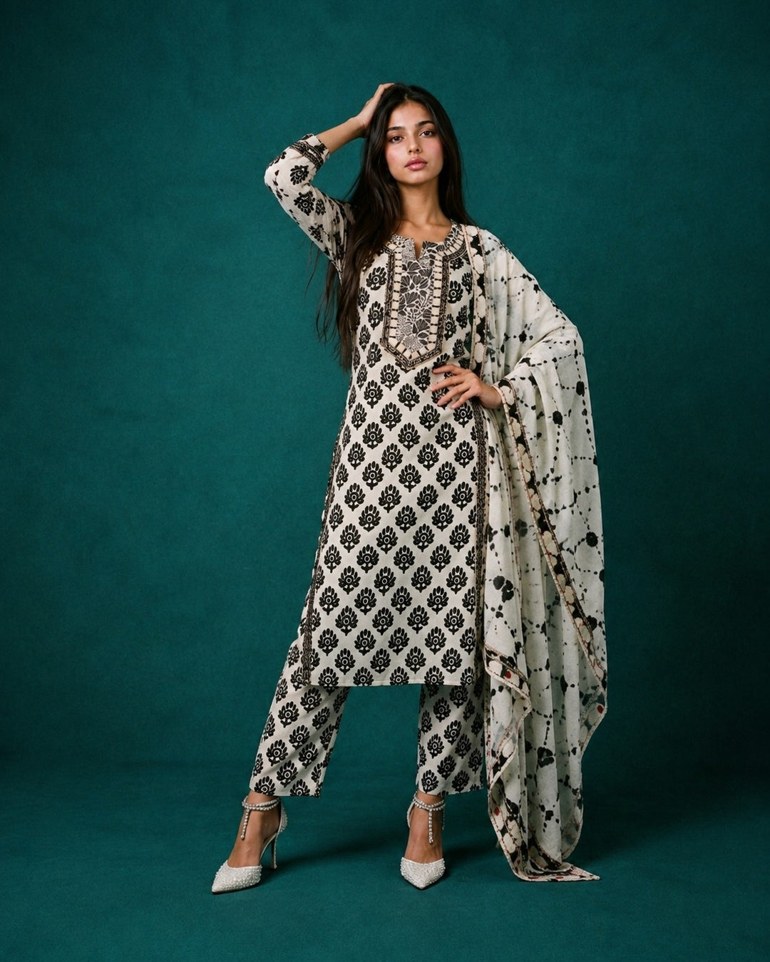 White Printed Cotton Kurta Bottom Dupatta Set