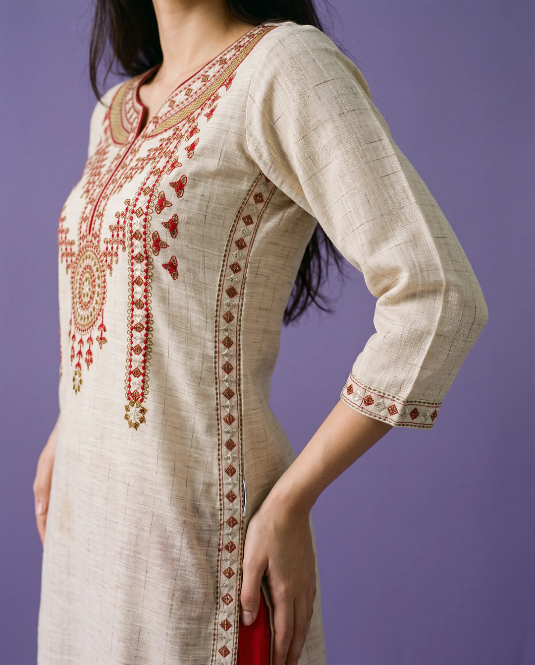 Beige Embroidered Cotton Straight cut Long Kurta