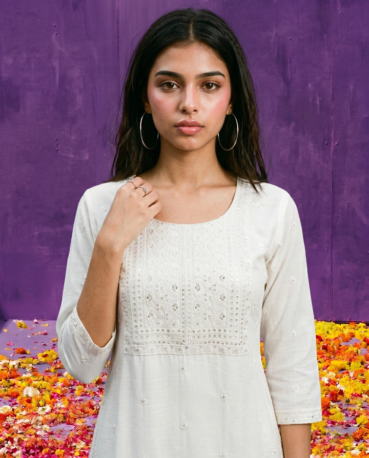 White Embroidered Viscose Blended Straight cut Long Kurta
