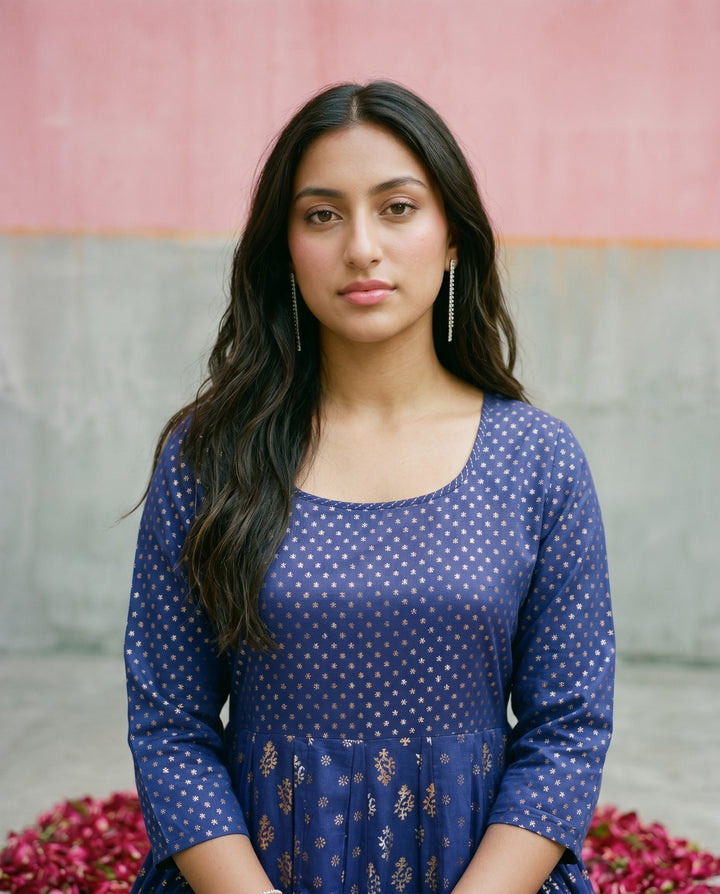 Navy Printed Mal Cotton Foil Printed Maxi Dress