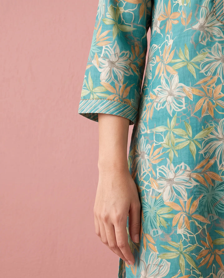 Turquoise Printed Cotton Blended Short Kurti