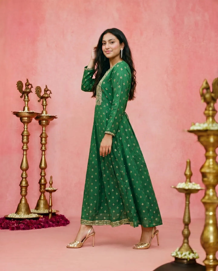 Green Embriodered Rayon Maxi Dress