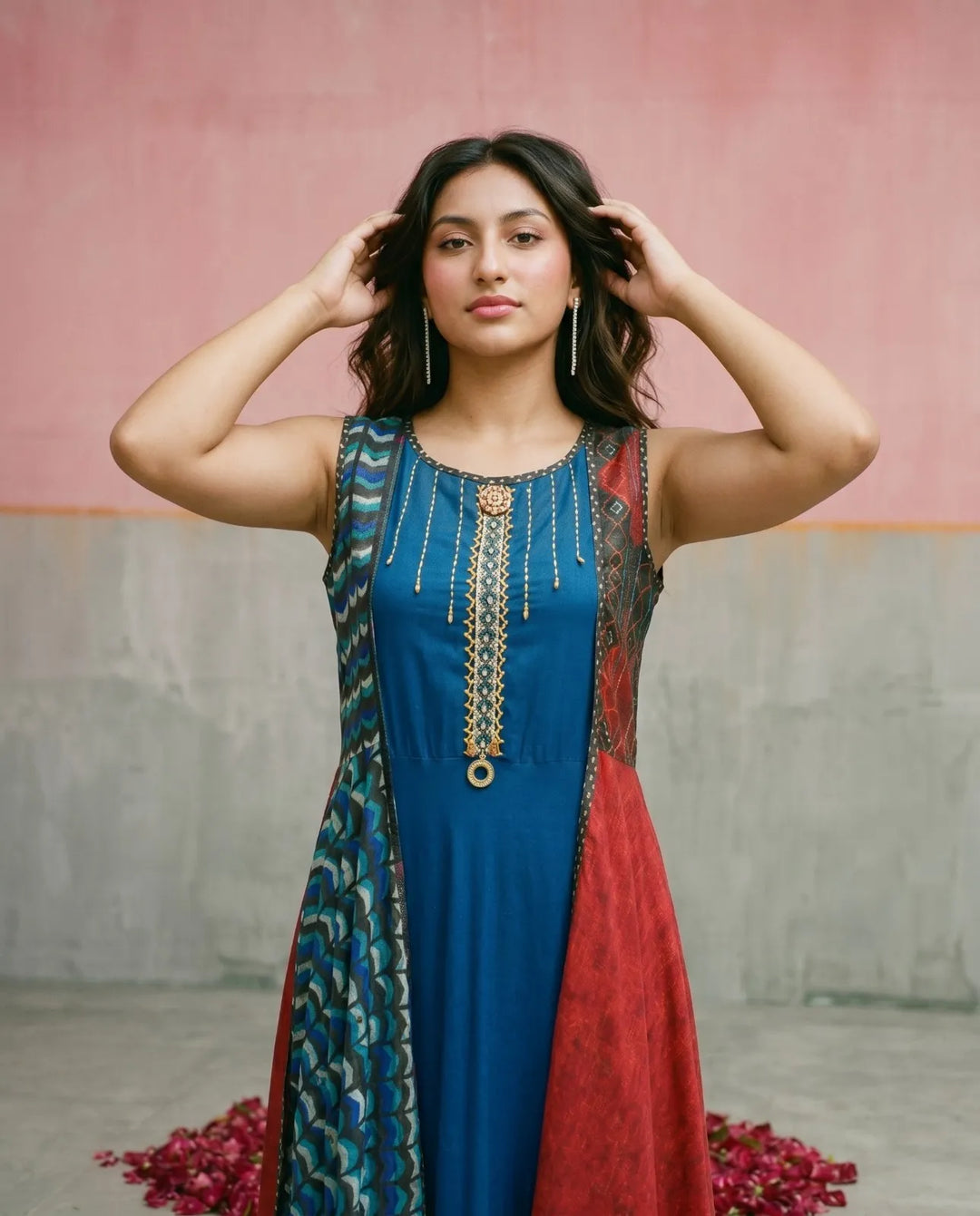 Navy Embriodered Rayon Sleeveless Maxi Dress