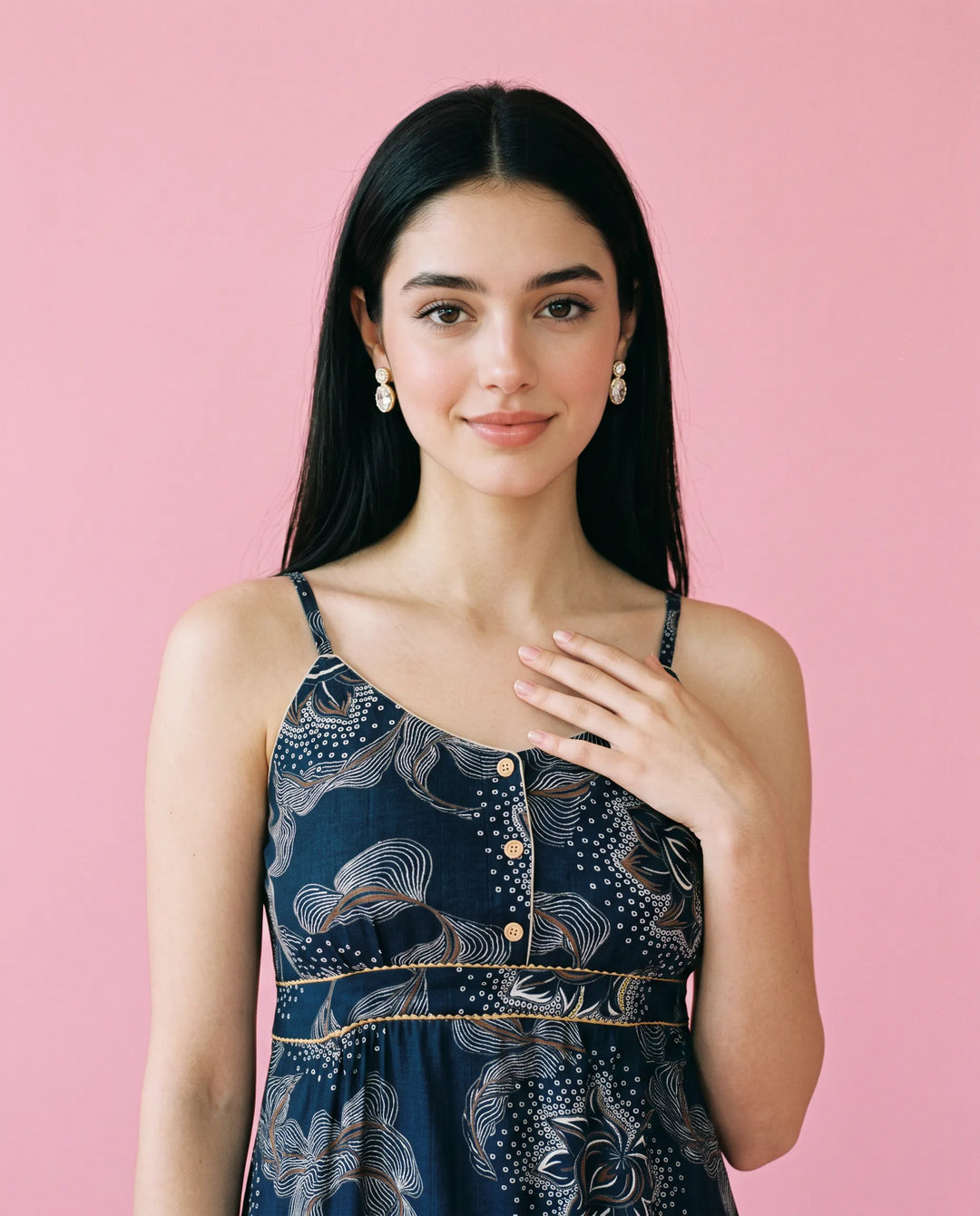 Navy Printed Viscose Blended Spaghetti Strap Straight Cut Long Kurta
