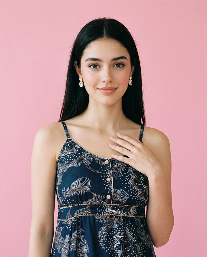 Navy Printed Viscose Blended Spaghetti Strap Straight Cut Long Kurta