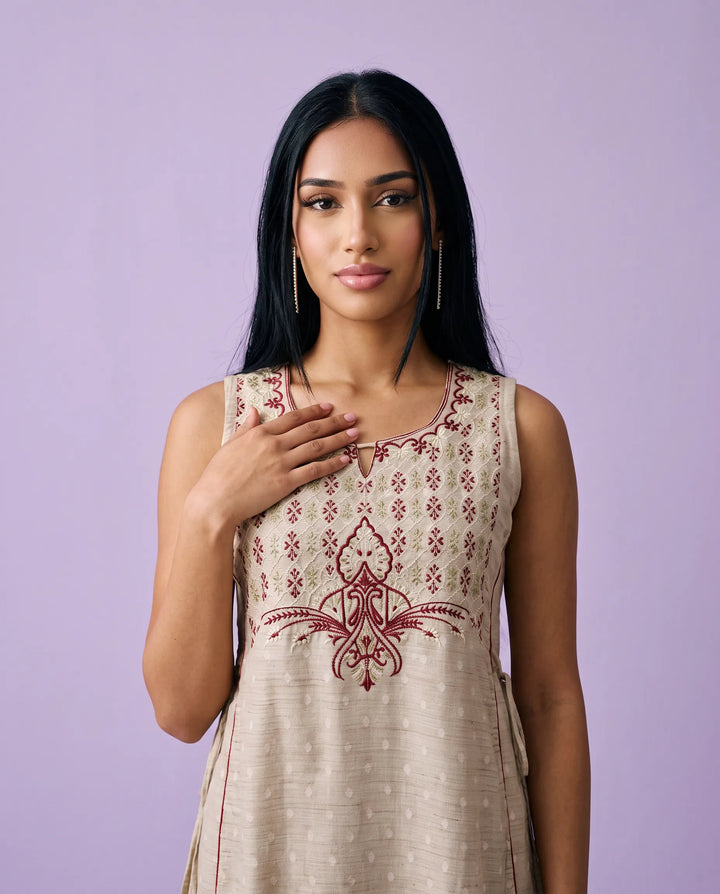 Beige Embroidered Cotton Straight cut Sleeveless Long Kurta