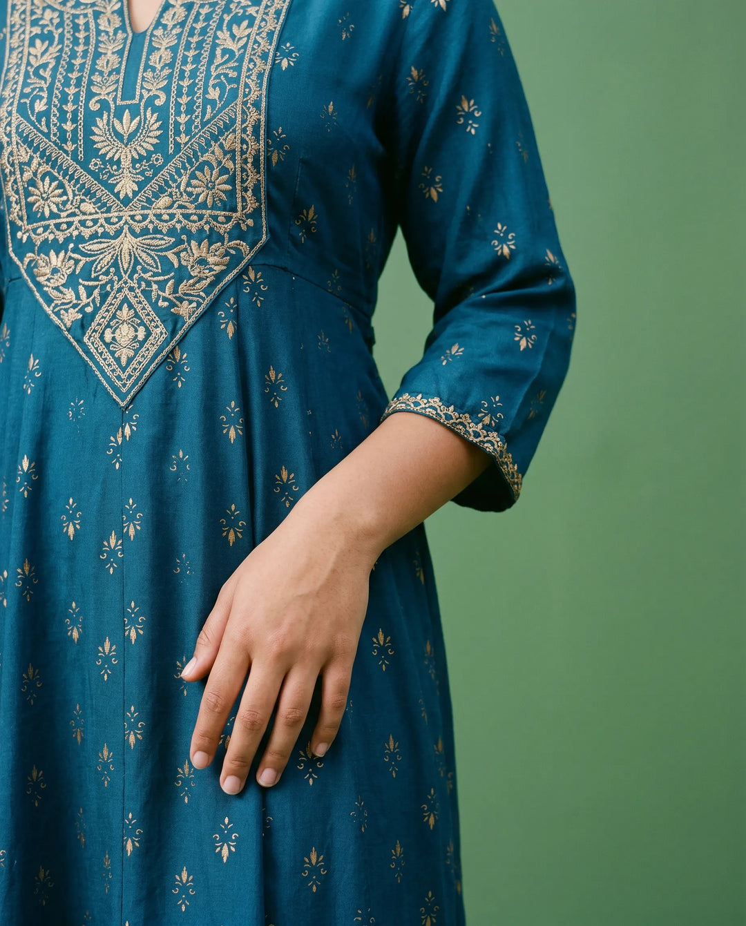 Blue Embriodered Rayon Maxi Dress