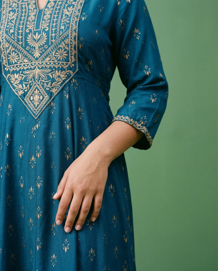 Blue Embriodered Rayon Maxi Dress