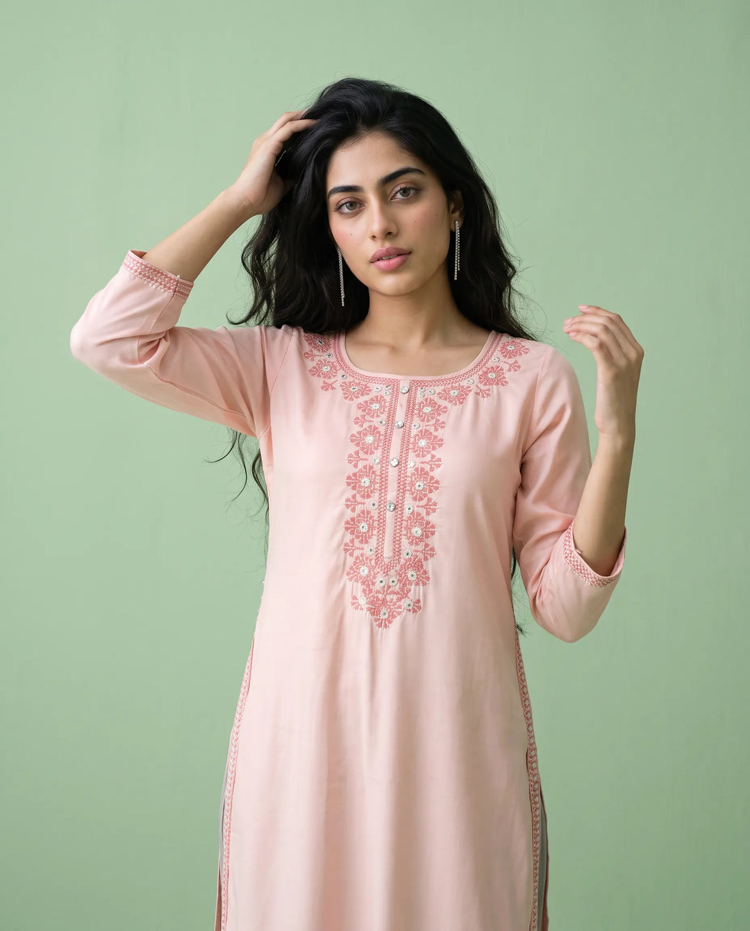 Peach Embroidered Rayon Straight cut Long Kurta