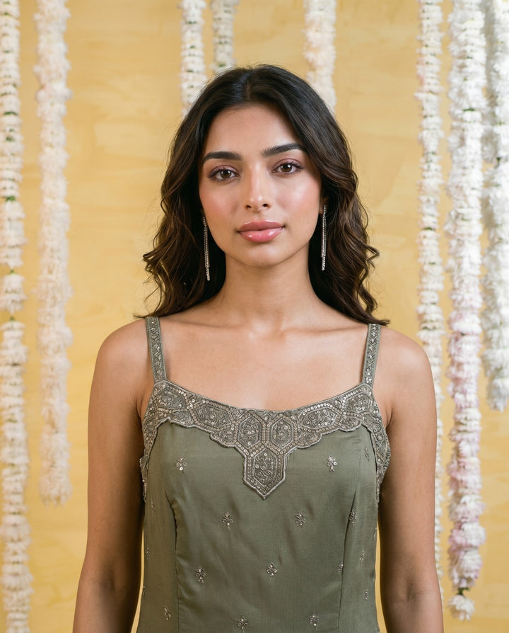 Olive Embroidered Viscose Blended Spaghetti Strap Straight Cut Long Kurta