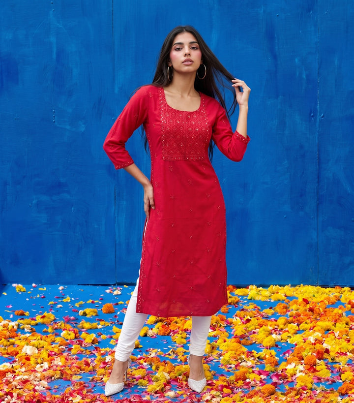 Magenta Embroidered Viscose Blended Straight cut Long Kurta