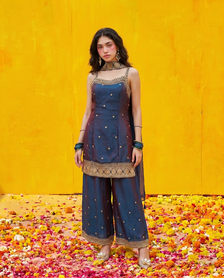 Navy Embriodered Silk Blended Spaghetti Strap Kurta Bottom Dupatta Set