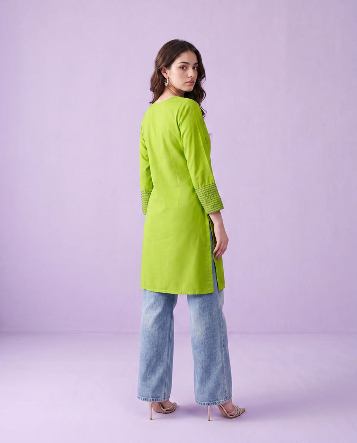 Lemon Embroidered Cotton Short Kurti
